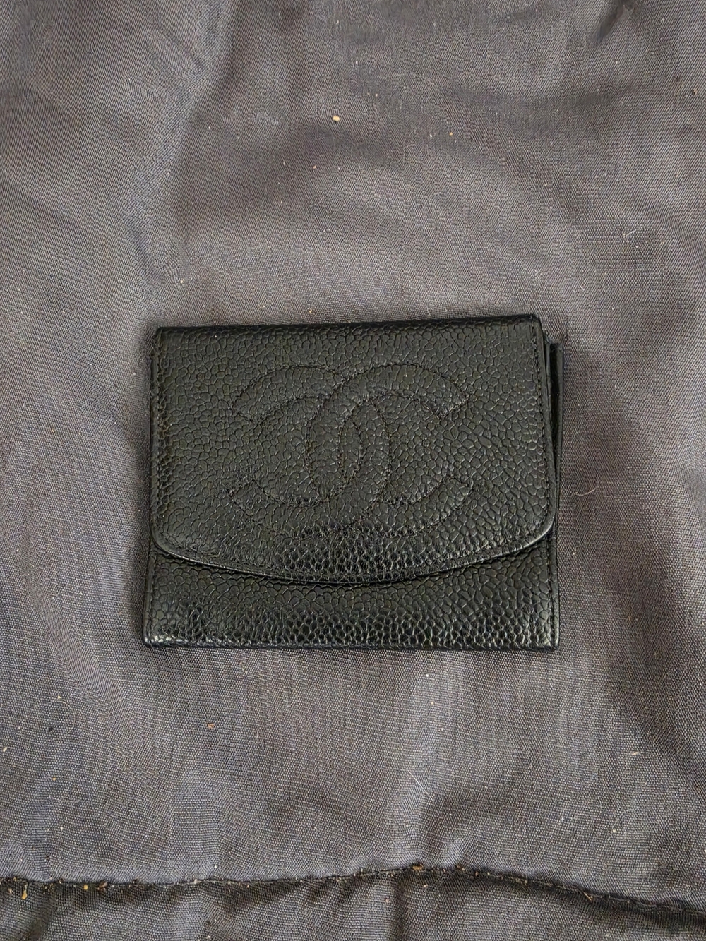 CHANEL Black Quilted Caviar Leather Mini Wallet with CC Logo